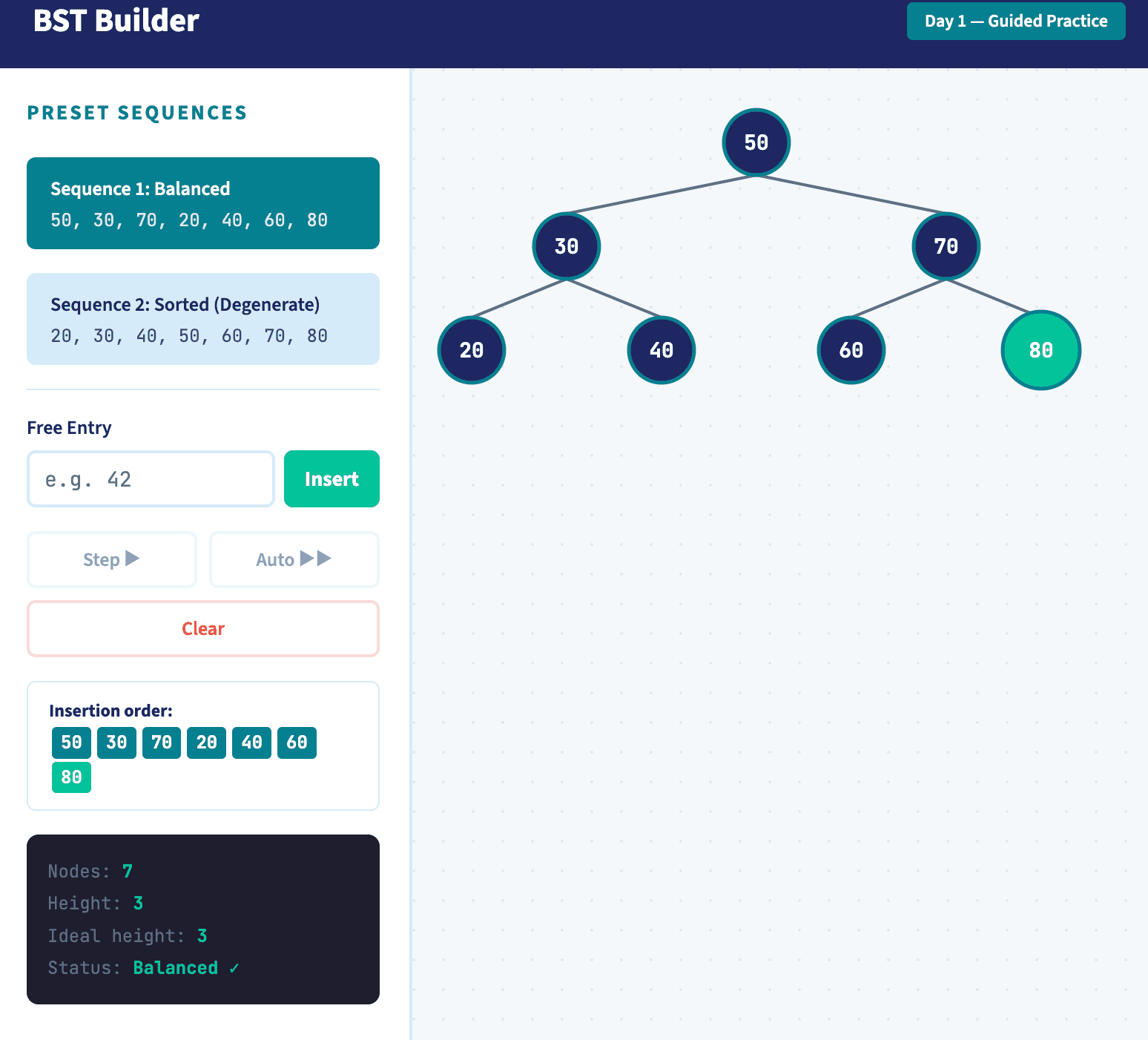 A balanced binary search tree laid out as a pyramid in BST Builder
